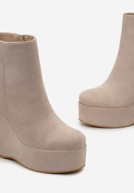 Beżowe Botki na Koturnie z Wysoką Platformą z Imitacji Zamszu Morrena