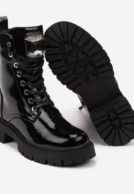Czarne Sznurowane Botki na Platformie w Stylu Workerów z Aplikacją Kryształka Arrelae