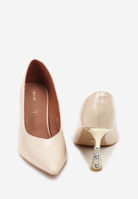 Jasnobeżowe Szpilki Vices z Wkładką ze Skóry Naturalnej Zdobione Cyrkoniami Gioriana