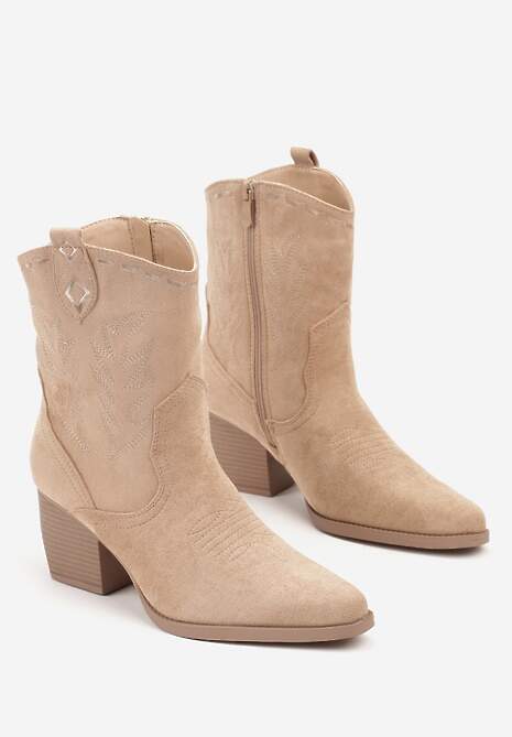 Ciemnobeżowe Botki Kowbojki na Stożku Ozdobione Haftem Falacine