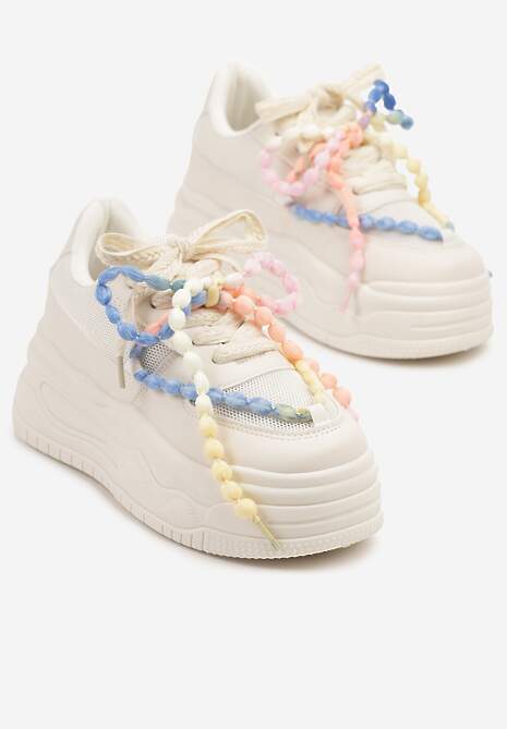 Beżowe Sneakersy na Platformie z Koralikami Amovanna