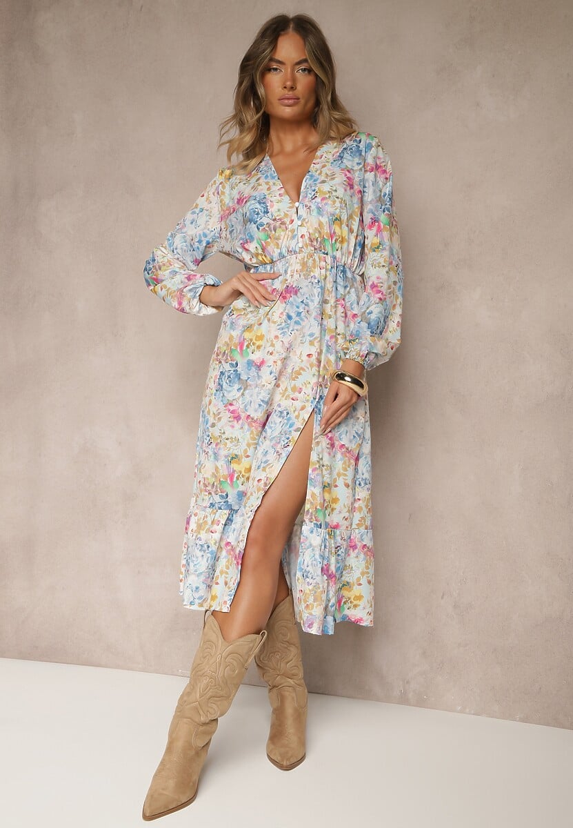 Czarna Sukienka w Kwiatowy Print o Rozkloszowanym Kroju z Dekoltem w Serek Janellia