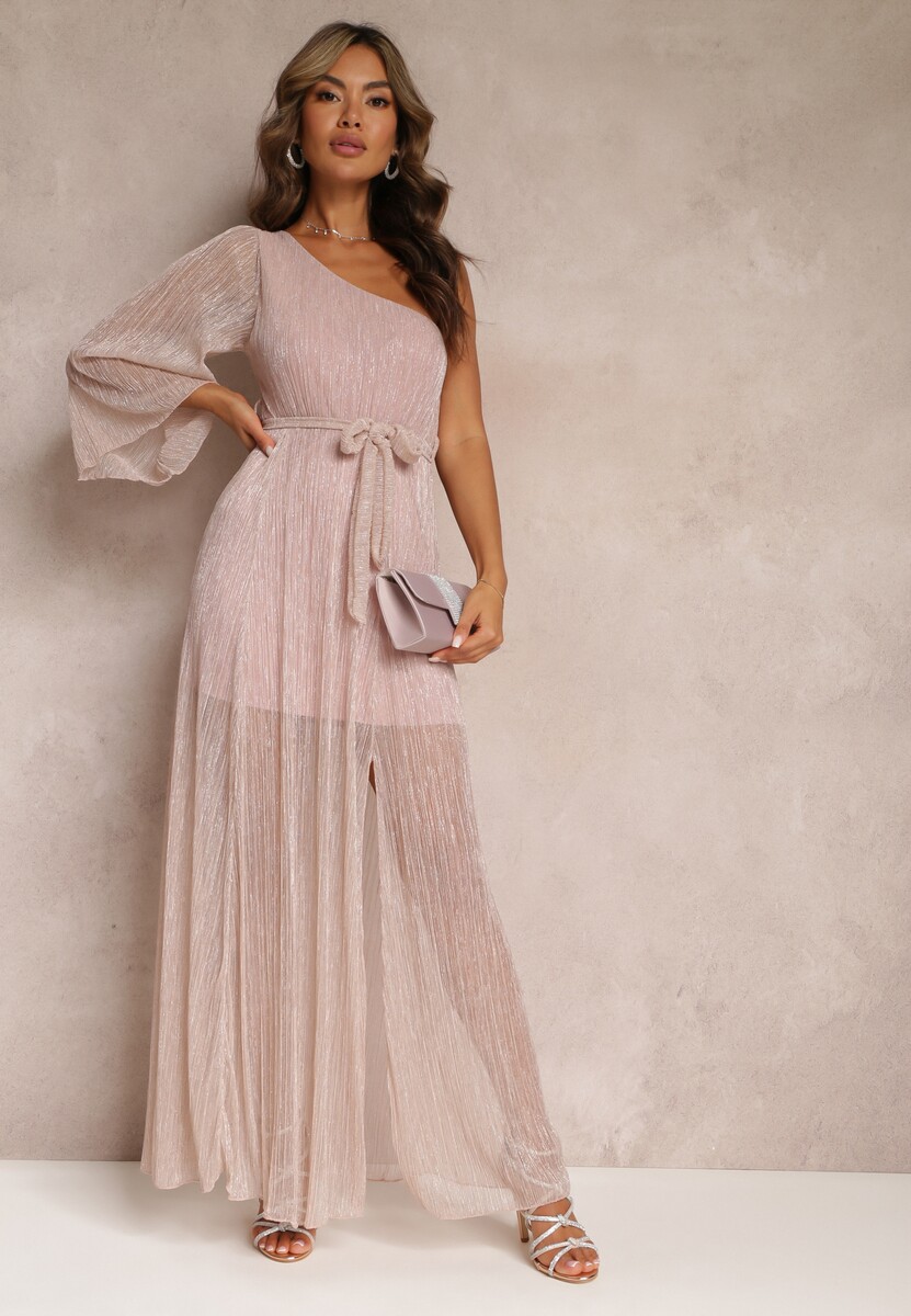 Ciemnoróżowa Asymetryczna Sukienka Maxi z Gumką i Wiązanym Paskiem w Talii Saminta