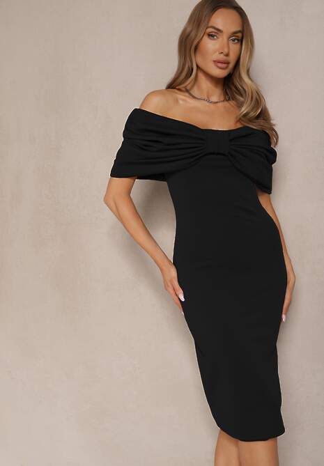 Czarna Sukienka Taliowana z Kokardą w Formie Hiszpanki o Dopasowanym Kroju Paladwena