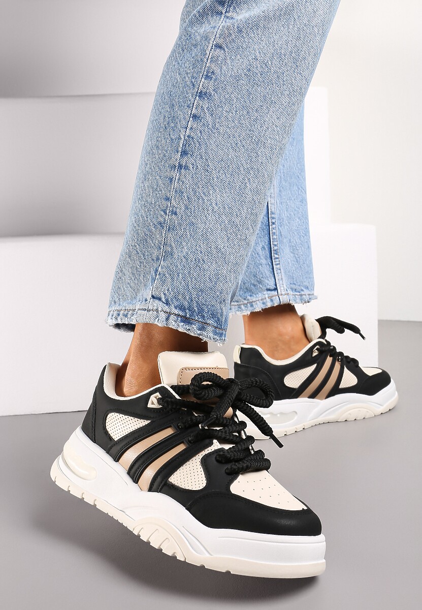 Czarne Sneakersy na Grubej Podeszwie z Brokatem Lenema