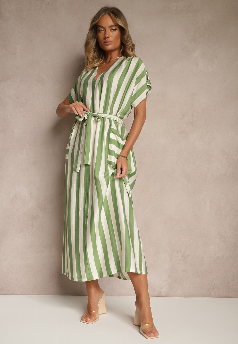 Zielona Pudełkowa Sukienka z Wiskozą z Motywem Pasków i Wiązaniem Lumierae