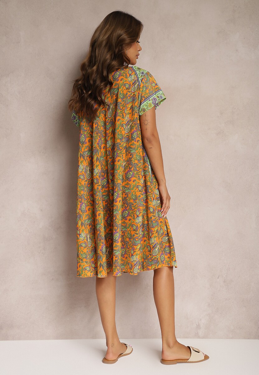 Żółto-Zielona Rozkloszowana Sukienka z Wiskozy w Kwiaty Rivanira