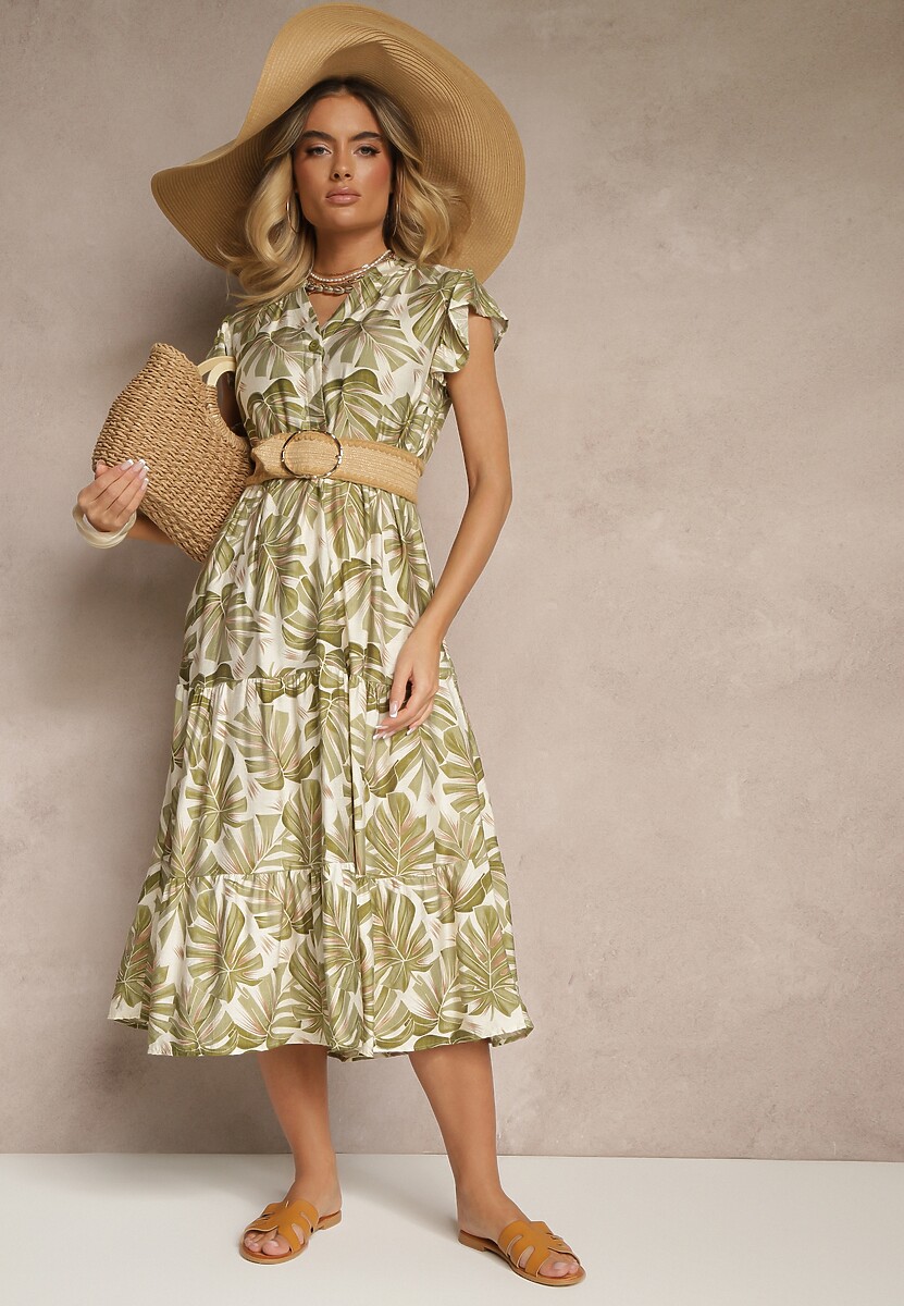 Ciemnozielona Rozkloszowana Sukienka z Wiskozą Zdobiona Roślinnym Printem Galmoi