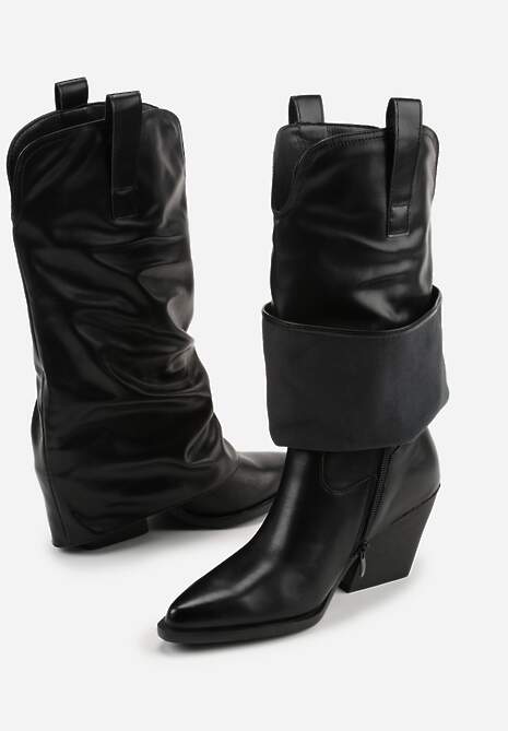 Czarne Kozaki Kowbojki na Stożku z Wywiniętą Marszczoną Cholewką Escana