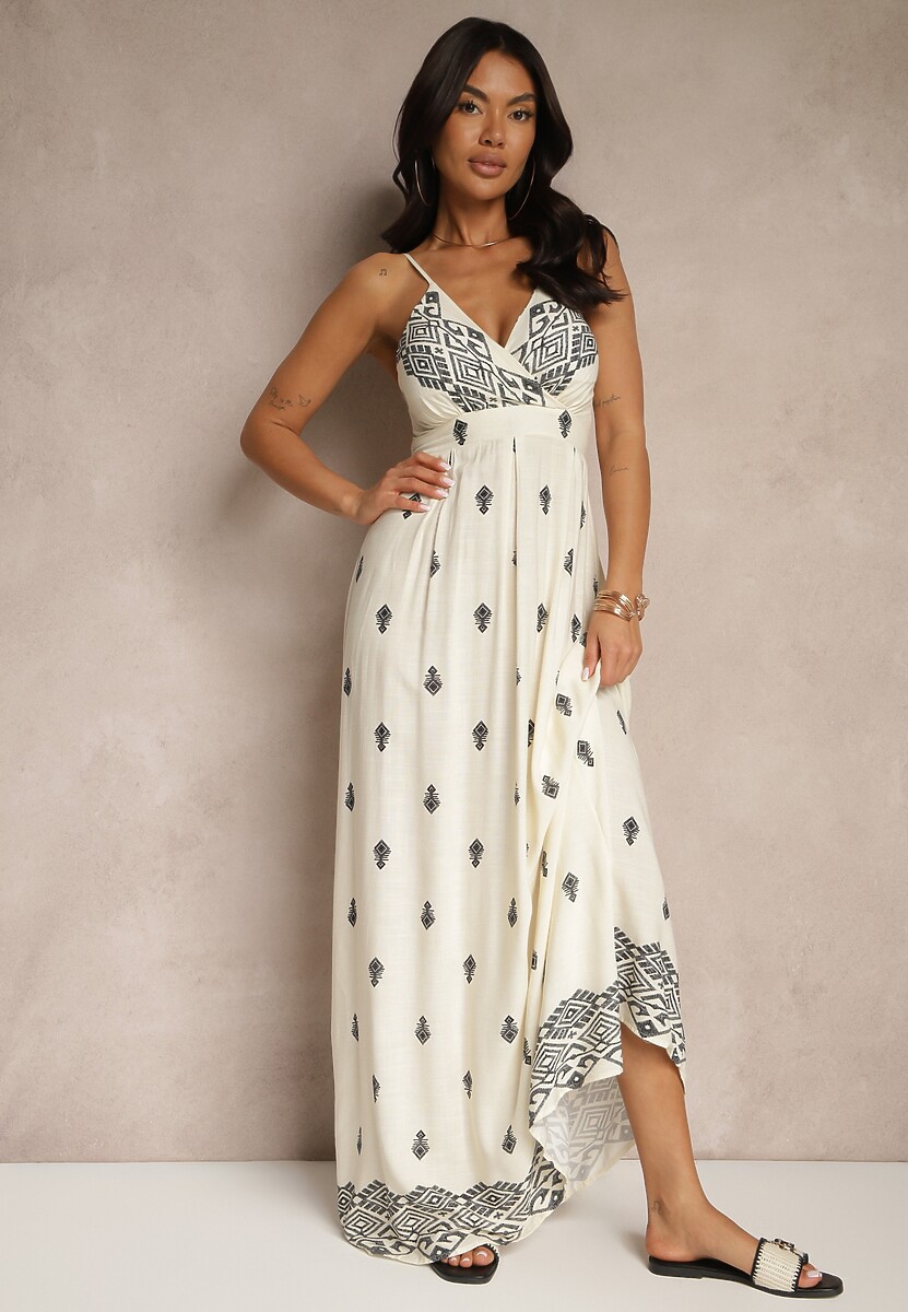 Kremowo-Czarna Kopertowa Sukienka na Ramiączkach z Bawełny z Wiązanym Paskiem Reveesia