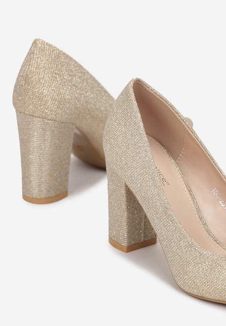 Złote Brokatowe Czółenka na Obcasie z Noskiem w Szpic Navo