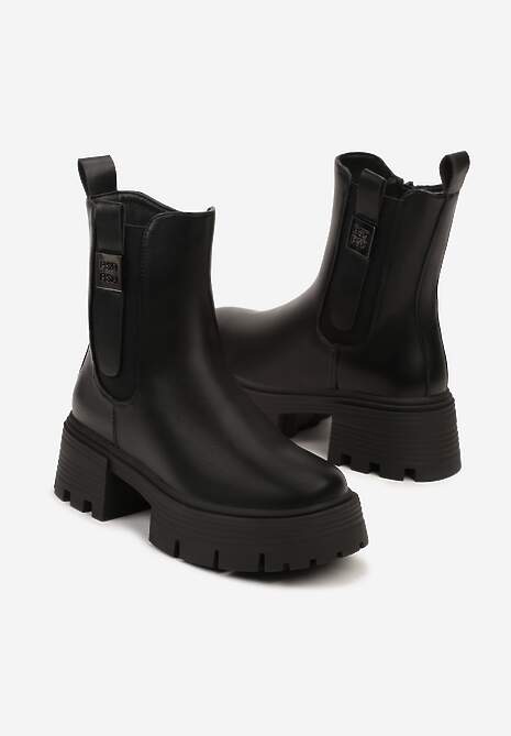 Czarne Botki Sztyblety na Platformie i Słupku Wykończone Elastyczną Gumką Zaliefra