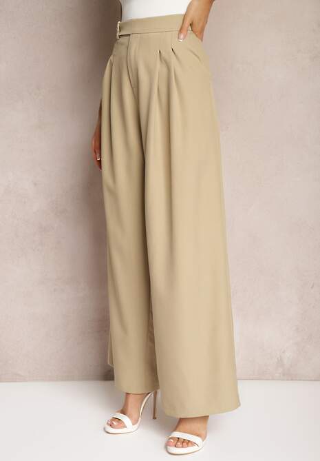 Beżowe Spodnie Garniturowe z Szerokimi Nogawkami Vikinne