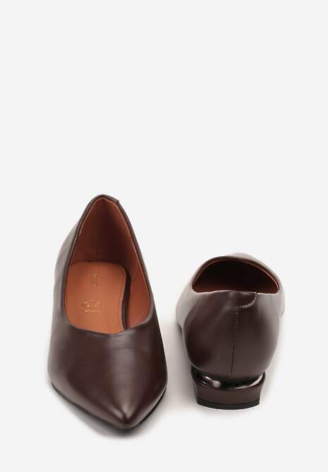 Brązowe Czółenka Vices ze Skórzaną Wkładką na Niskim Obcasie ze Zdobieniem Dakene