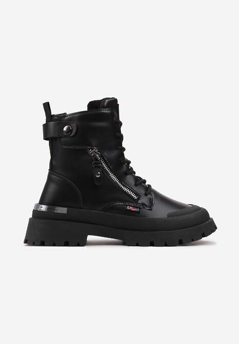 Czarne Traperki z Protektorem i Metaliczną Wstawką i Ozdobnym Suwakiem Dazzlina