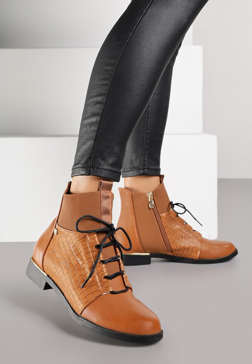 Jasnobrązowe Botki Vices w Stylu Trzewików z Motywem Skóry Krokodyla Alirriva