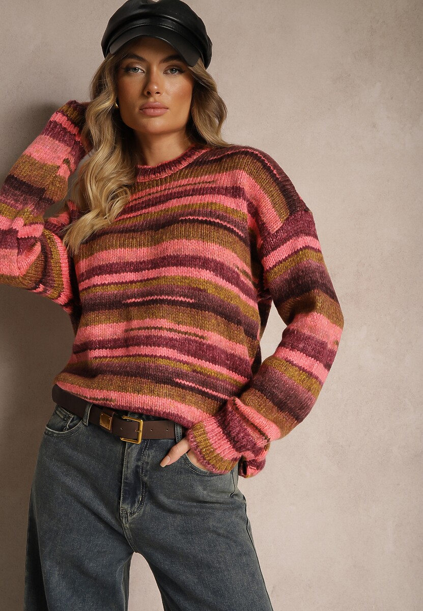 Szaro-Zielony Sweter Ozdobiony Poziomymi Paskami Atorila