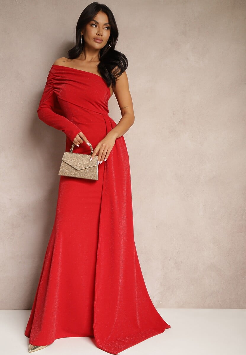Czerwona Wieczorowa Sukienka Asymetryczna na Jedno Ramię z Trenem i Metaliczną Nicią Emivonia