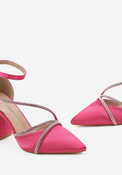 Fuksjowe Satynowe Czółenka na Słupku z Cyrkoniami na Cienkich Paseczkach Onstralia