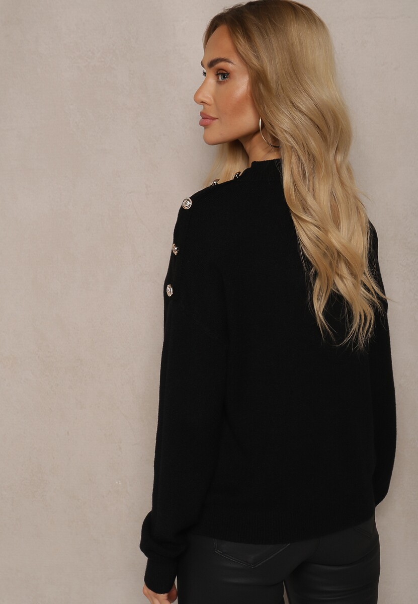 Czarny Sweter z Półgolfem Wiskozą i Modalem Ozdobiona Guzikami Emmitana