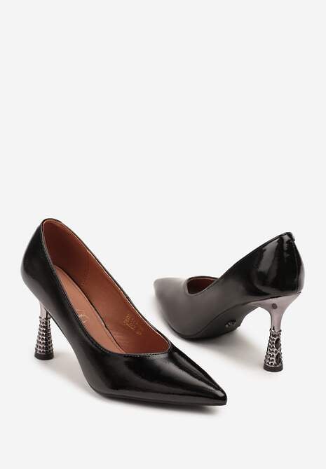 Czarne Lakierowane Szpilki Vices z Wkładką ze Skóry Naturalnej Zdobione Cyrkoniami Gioriana