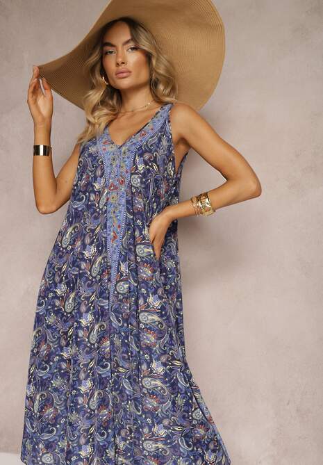 Granatowa Sukienka z Wiskozy o Rozkloszowanym Kroju Bez Rękawów Fradea