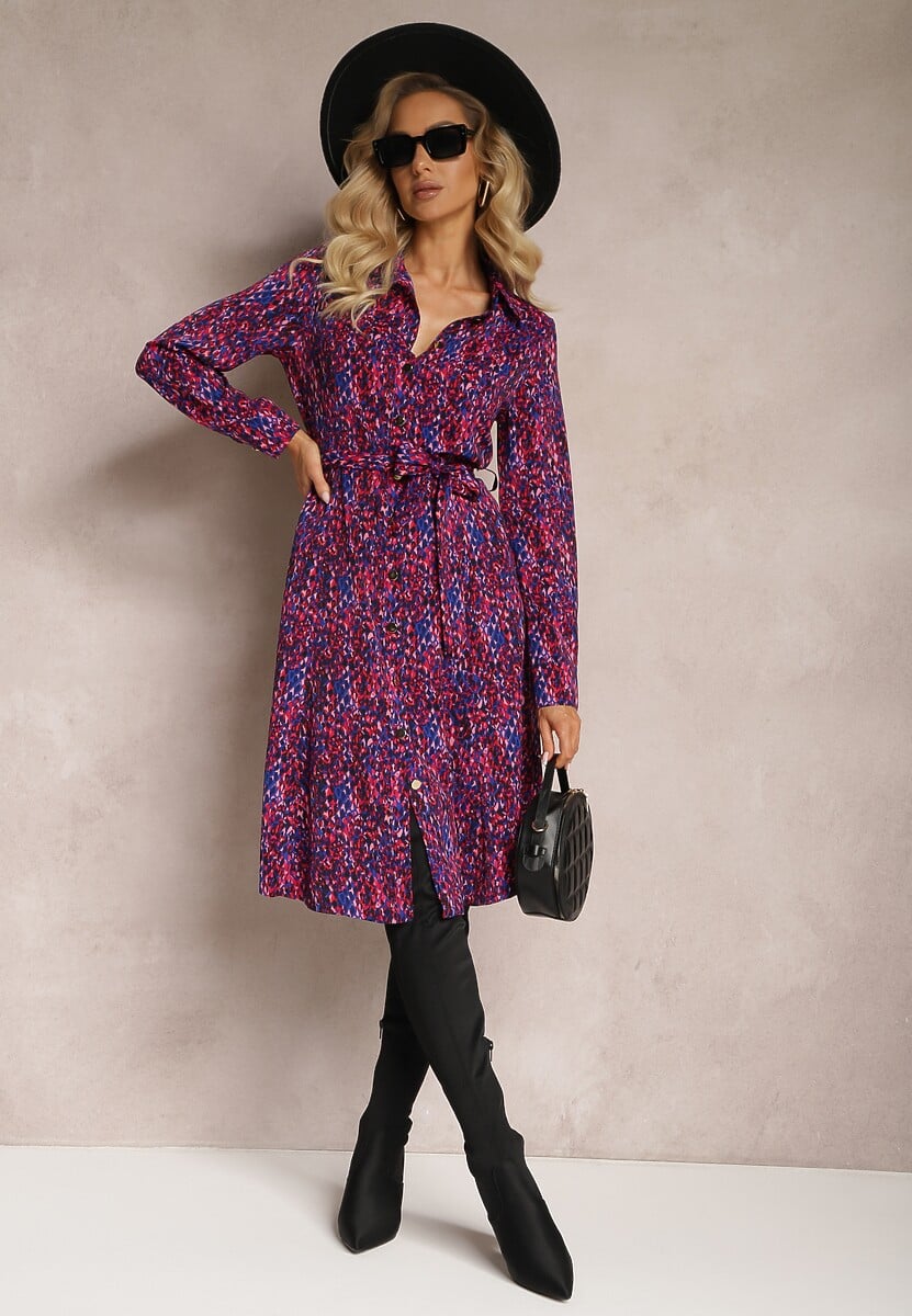 Granatowo-Fuksjowa Sukienka Koszulowa Wiązana w Pasie Shelah