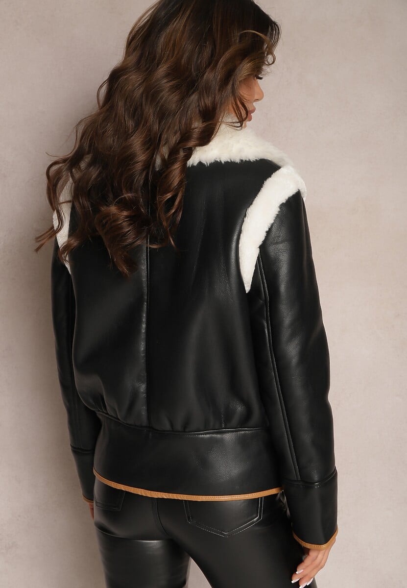 Czarna Kurtka Biker z Ozdobną Lamówką Paskiem z Klamrą i Futerkiem Liraeua