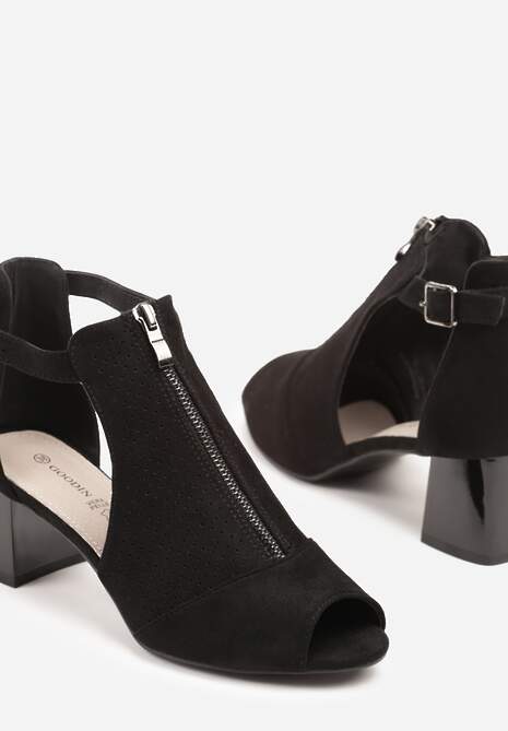 Czarne Sandały na Słupku ze Skórzaną Wkładką Ozdobione Suwakiem i Perforacją Ciaralira