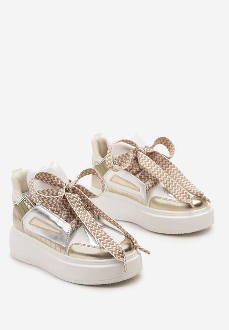 Biało-Złote Sneakersy Na Niskiej Platformie z Szerokimi Sznurówkami we Wzorek Vidira
