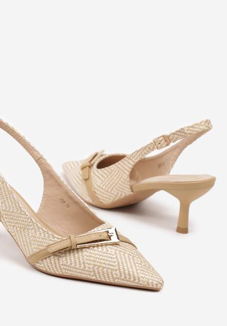 Ciemnobeżowe Sandały na Szpilce Typu Slingback Ozdobione Paskiem z Klamrą Karilen