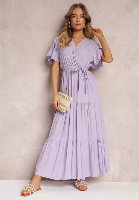 Fioletowa Rozkloszowana Sukienka z Falbanką i Wiązanym Paskiem Adotine