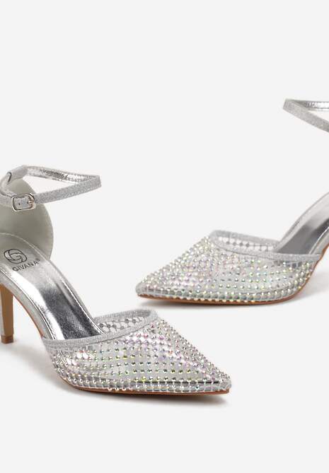 Srebrne Sandały na Szpilce ze Szpiczastym Noskiem z Siateczką w Cyrkonie Lioffa