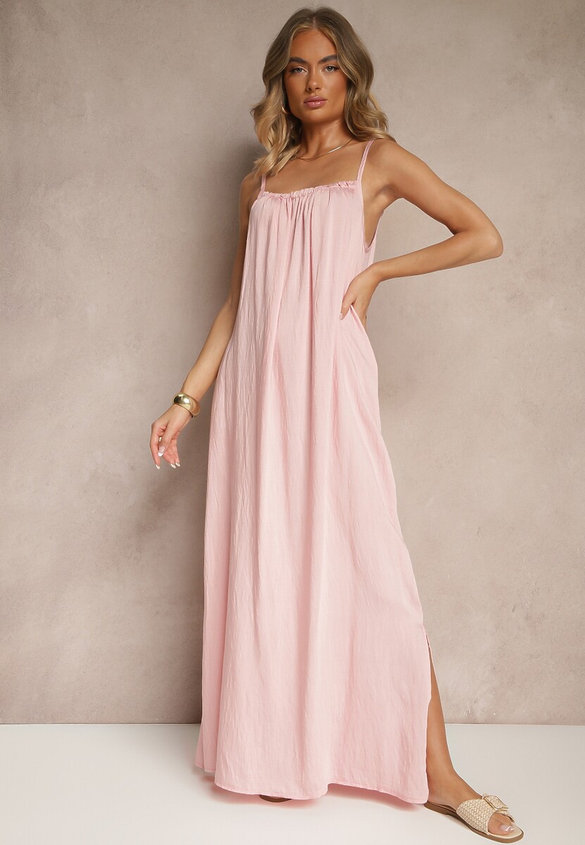 Różowa Sukienka o Rozkloszowanym Kroju z Elastycznym Dekoltem Revore