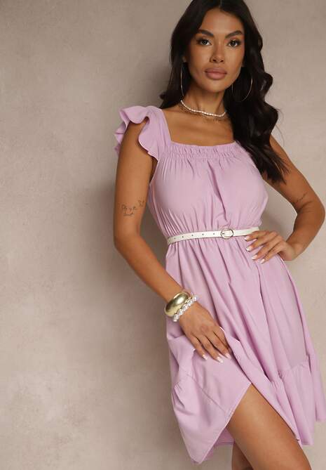 Fioletowa Rozkloszowana Sukienka z Wiskozą z Gumką w Talii Lirandine