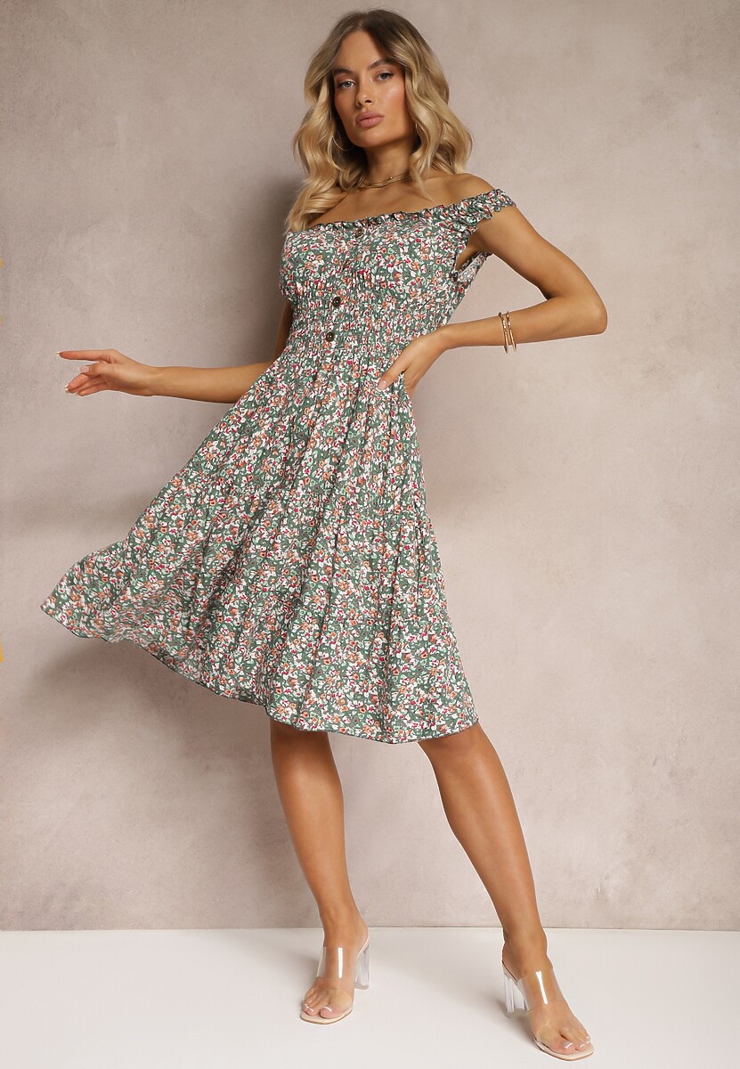 Zielono-Różowa Taliowana Sukienka Bawełniana o Rozkloszowanym Kroju z Gumką w Pasie Nelyssa