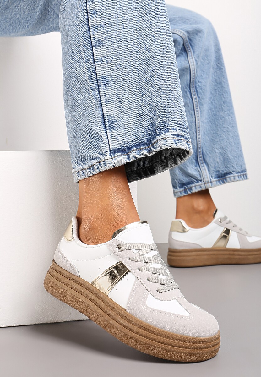 Szaro-Białe Sneakersy na Grubej Podeszwie z Ozdobnymi Przeszyciami Ysdole