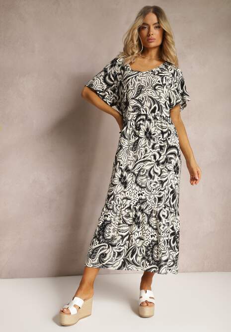 Szara Sukienka z Wiskozy Zdobiona Falbankami z Krótkim Rękawem Danibella