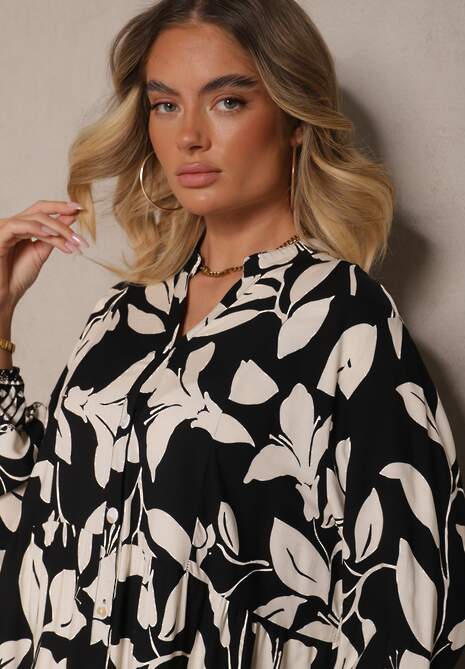 Czarna Wiskozowa Sukienka Koszulowa w Liście Lioelene