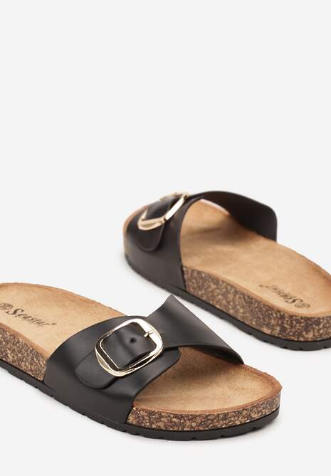 Czarne Płaskie Klapki z Korkową Podeszwą i Paskiem z Metalową Klamrą Ervalia