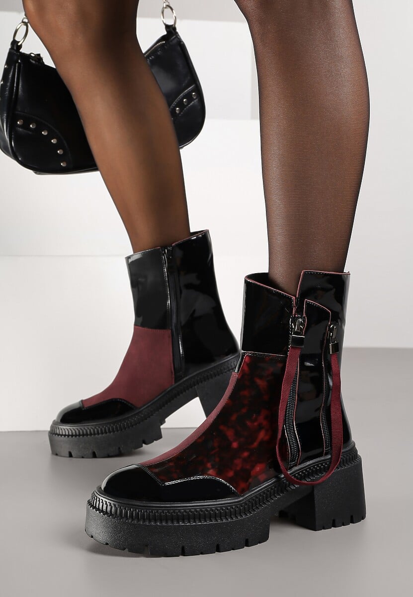 Czarno-Bordowe Botki Lakierowane Vices Ozdobione Tasiemką Rotine