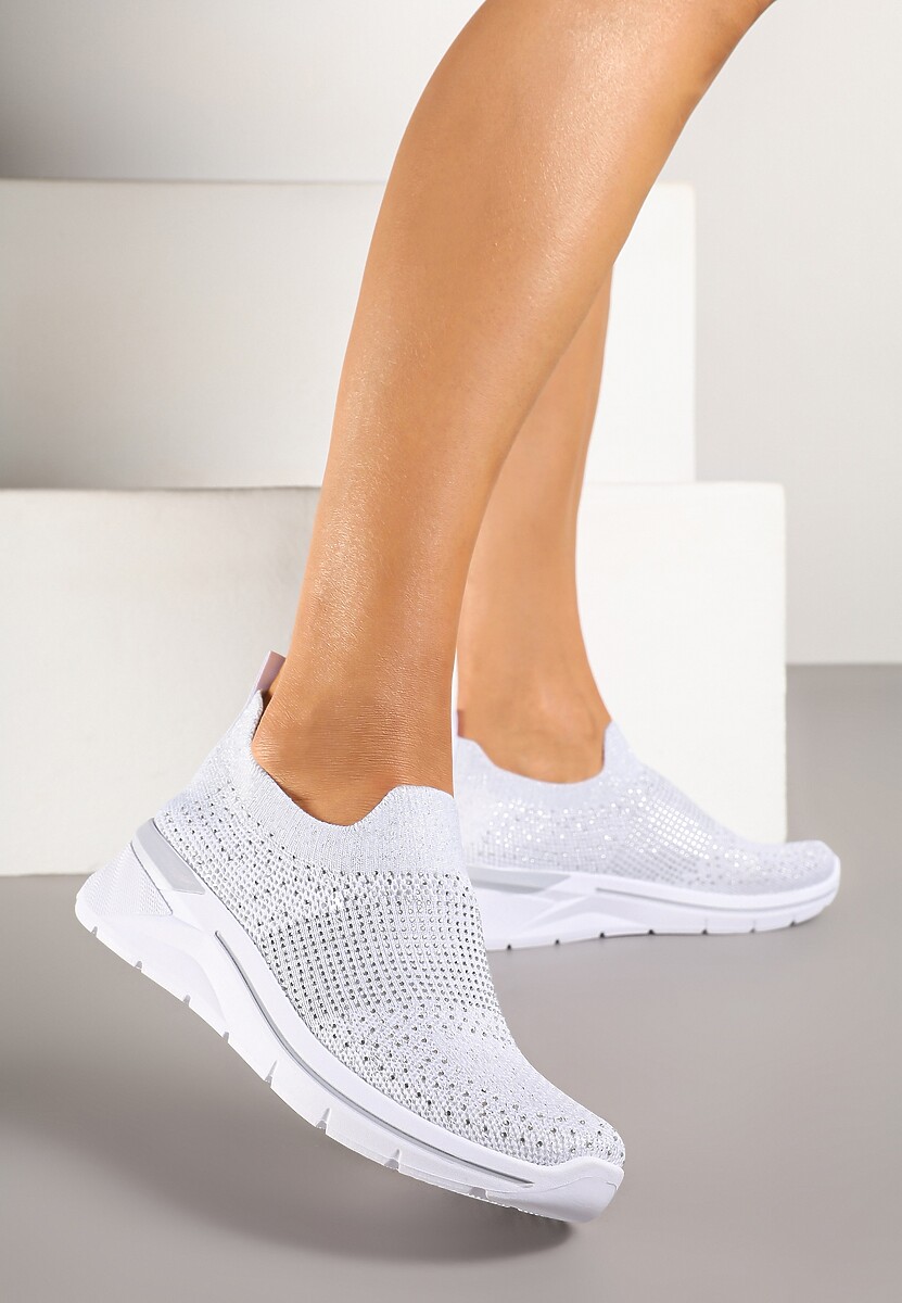 Białe Buty Sportowe z Cholewką przed Kostkę z Miękkiego Materiału Ozdobione Cyrkoniami Telianisa