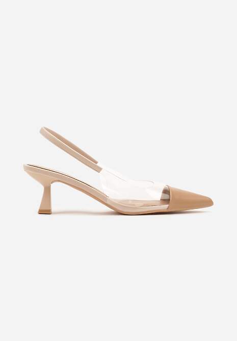 Beżowe Sandały z Imitacji Skóry na Obcasie Typu Kaczuszka z Przezroczystymi Elementami Gravia