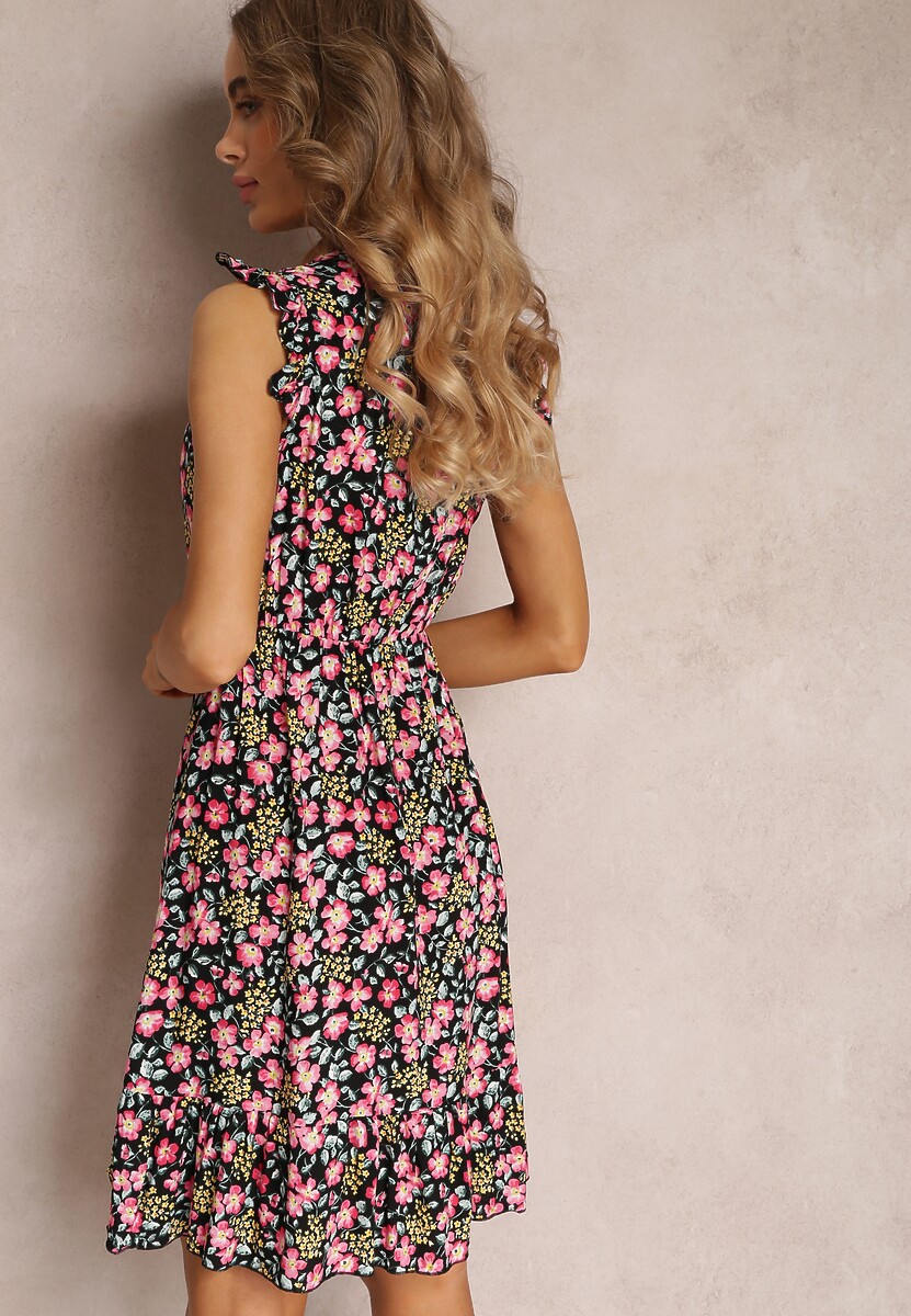 Czarna Sukienka Rozkloszowana w Kwiaty z Wiskozy Selesima