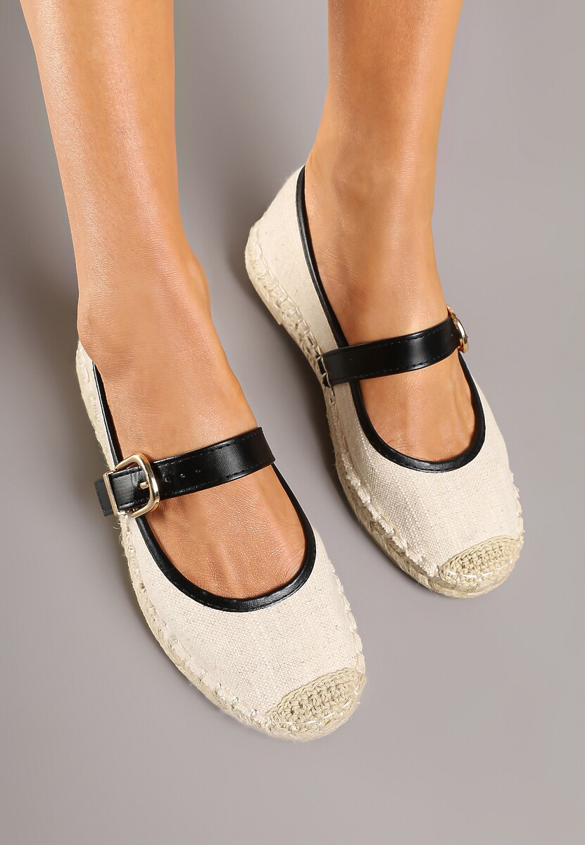 Czarno-Beżowe Espadryle na Podeszwie z Plecionki z Paskiem ze Sprzączką Ridimiria