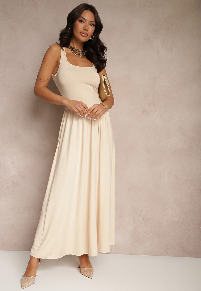 Jasnobeżowa Rozkloszowana Sukienka z Wiskozą i Kwadratowym Dekoltem Ravvia