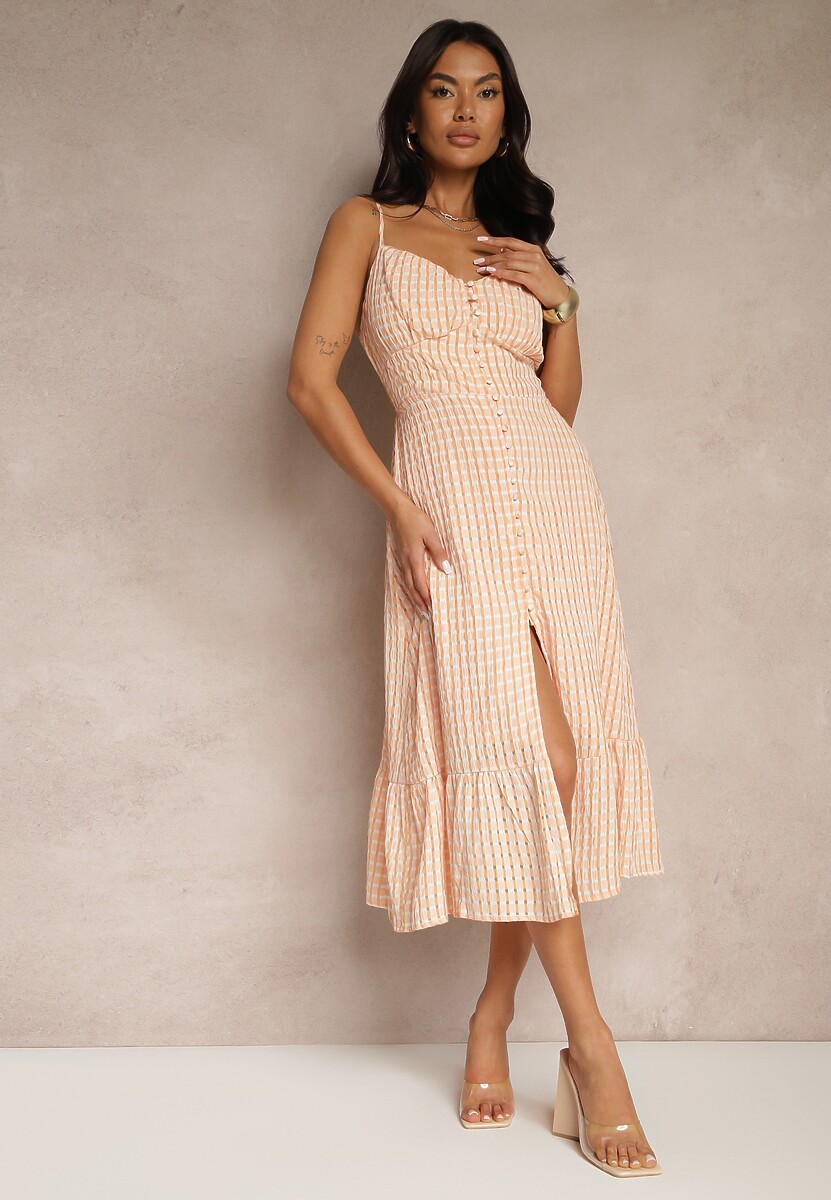 Pomarańczowa Rozkloszowana Sukienka z Wiskozą na Cienkich Ramiączkach z Guzikami Efrisela