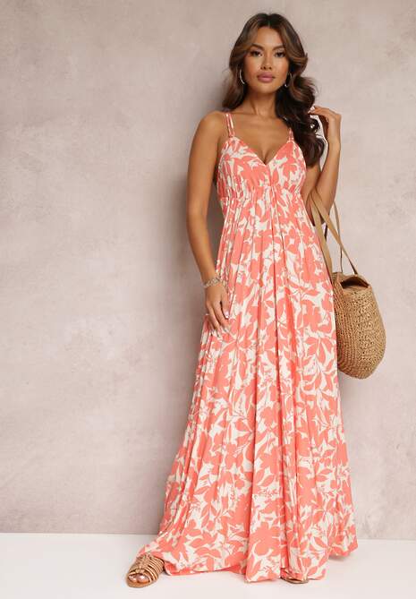 Pomarańczowa Wiskozowa Sukienka Maxi Wiązana na Szyi z Troczkiem w Pasie Zephira