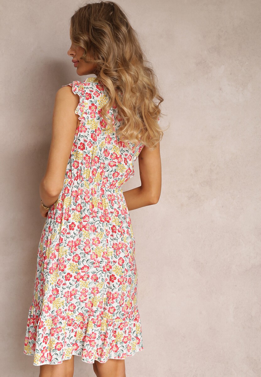 Biała Sukienka Rozkloszowana w Kwiaty z Wiskozy Selesima