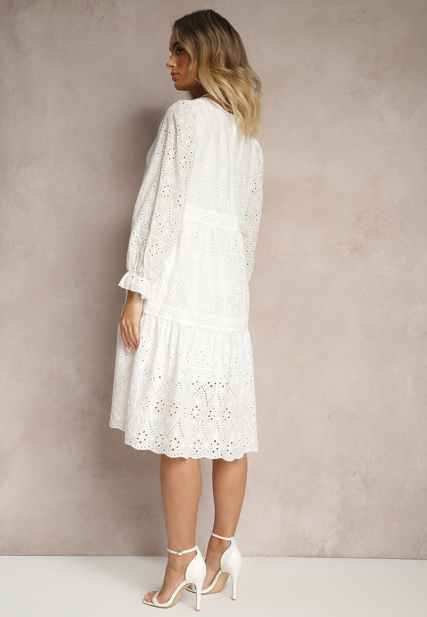 Biała Bawełniana Sukienka z Ażurowym Wzorem Ridittia